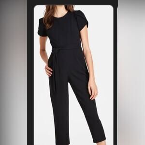 New 4P Calvin Klein Black Tie Waist Tie Jumpsuit with tulip sleeves